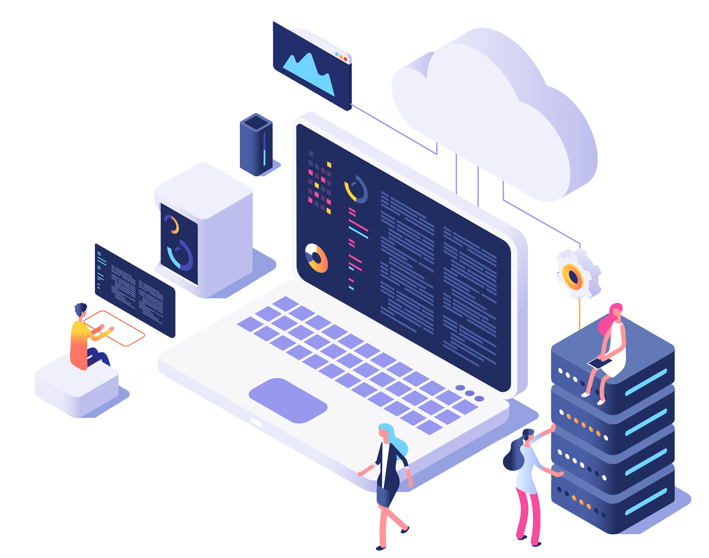 A digital illustration depicting a laptop displaying data analytics